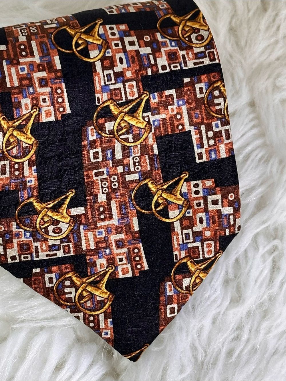 Celine Black, Brown & Gold Geometric Print Silk Tie